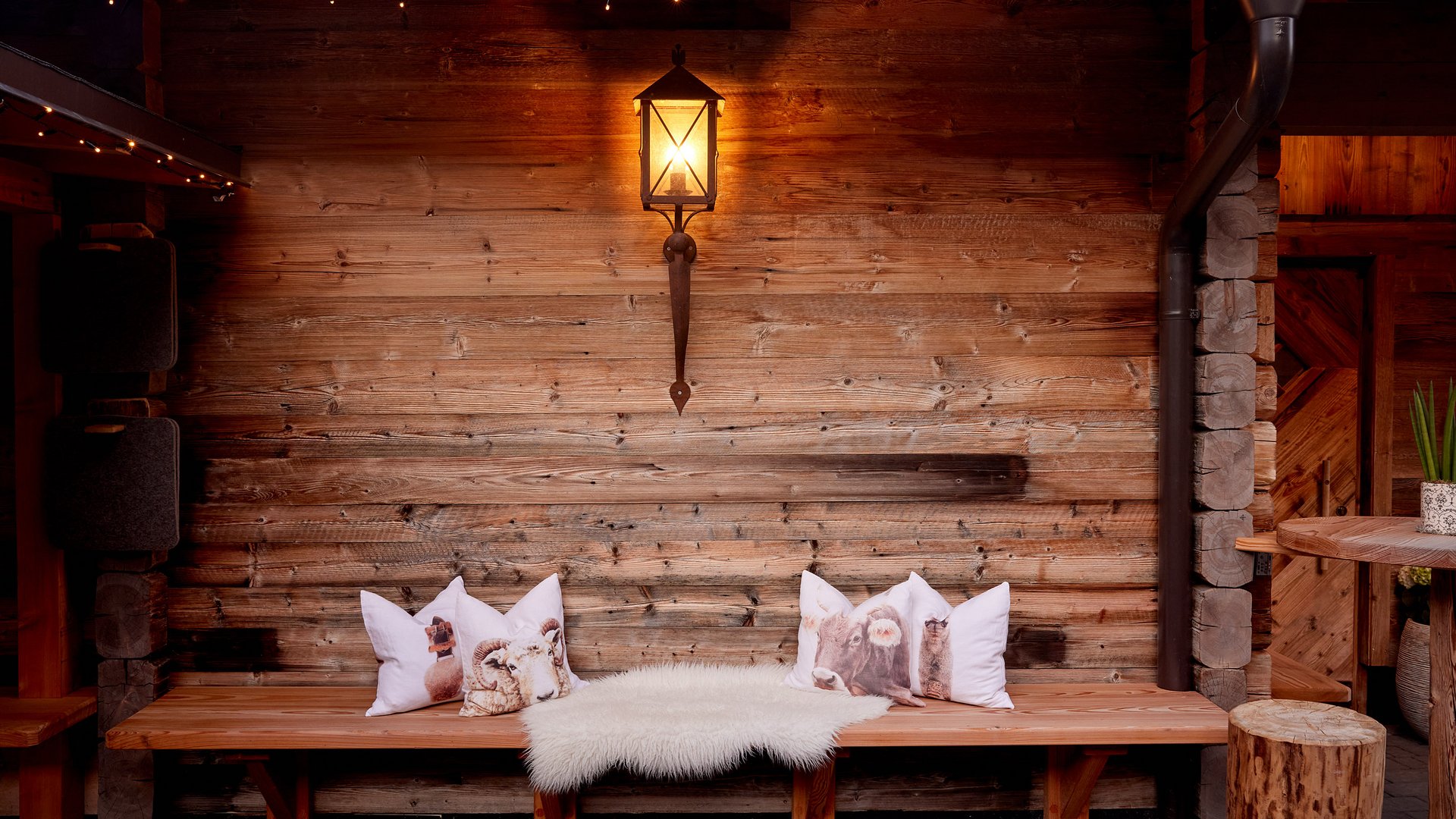 Holzbank mit Tierkissen und Lampe an einer rustikalen Holzwand