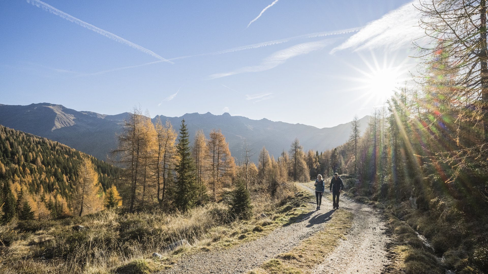 Due persone camminano su sentiero di montagna con sole e alberi autunnali