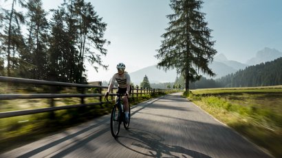 Donna in bicicletta su strada campestre con alberi e montagne sullo sfondo