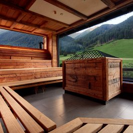 Sauna in legno con vista sulle montagne e paesaggio verde