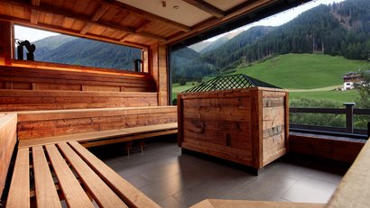 Holzsauna mit Bergblick und grüner Landschaft im Tal